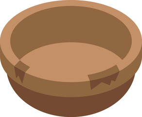 Empty round wooden bowl with a crack in it is being presented isometrically on a white background