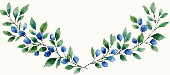 Fototapeta premium Watercolor Floral Wreath with Blue Berries and Green Leaves