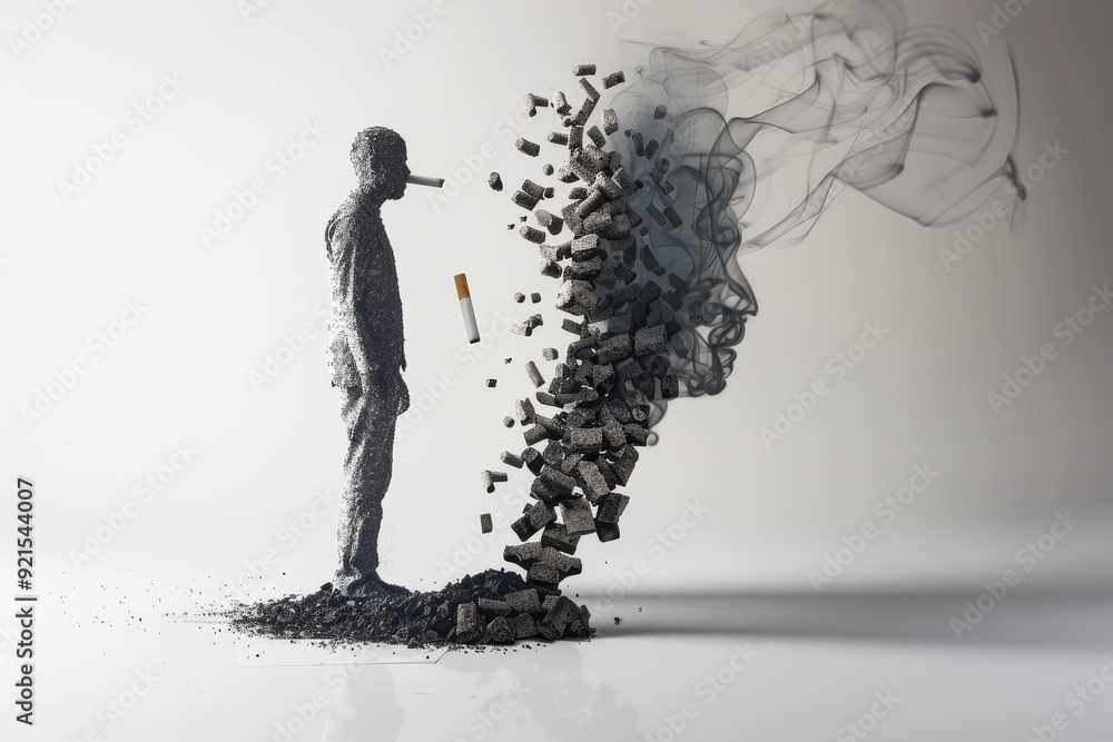 Poster stark image of a man smoking juxtaposed against the background of a cigarette reflecting on the burd