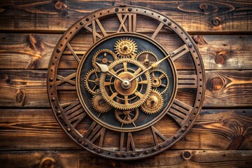 Naklejka premium Old-fashioned mechanical metal clock with Roman numerals and intricate gear details, mounted on a rustic wooden wall with a subtle vintage tone.