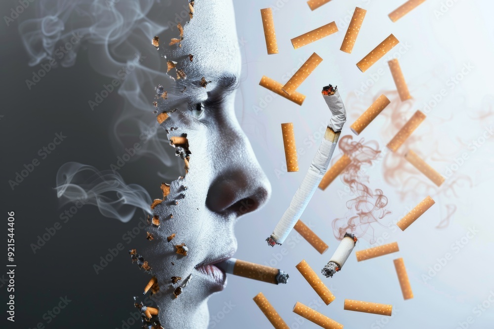 Poster explosive dispersion of cigarettes around a face visualizing the overwhelming influence of addiction