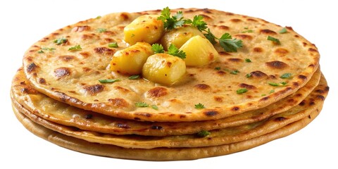 Golden-brown, crispy, and fragrant aloo paratha, a popular Indian flatbread filled with spiced potatoes, isolated on a transparent background, ready for culinary creations.