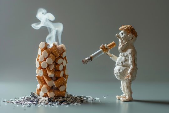 Whimsical interaction between two figures building a sandcastle from cigarettes critiquing the foundation of addictive behaviors