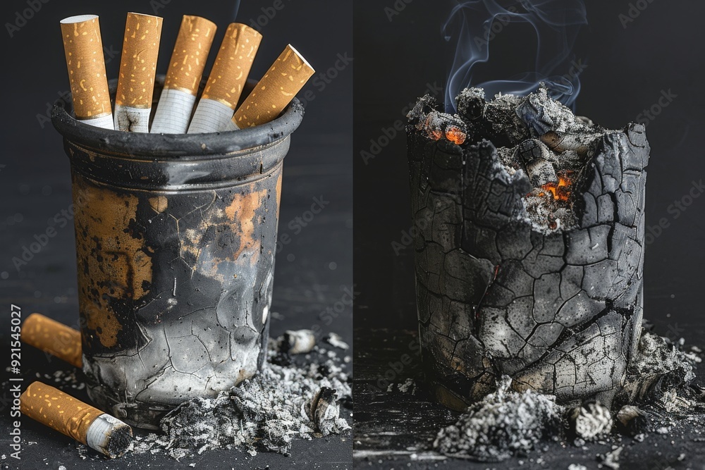 Poster stark contrast of a bucket filled with cigarettes symbolizing the heavy burden and accumulation of s
