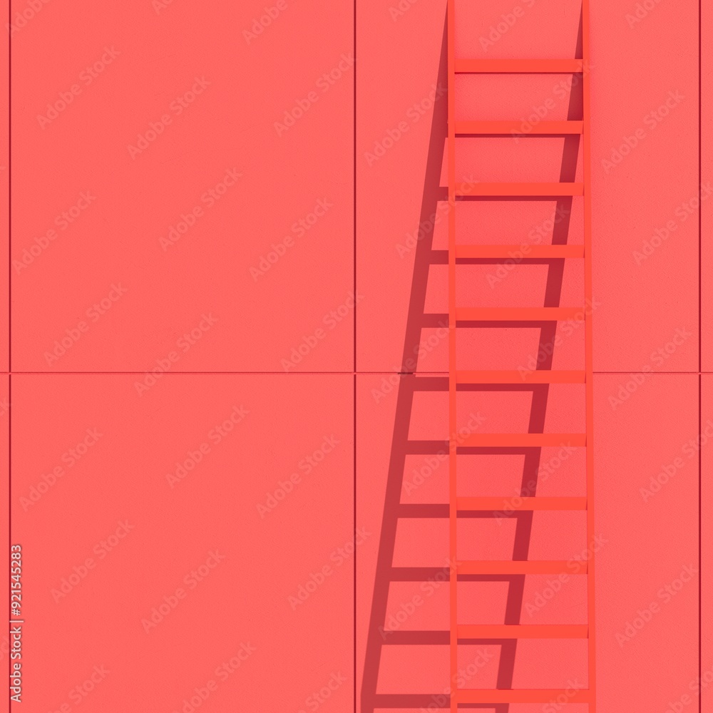 Aufkleber closeup red colors building with red stair. 3d rendering. minimal architect concept idea.