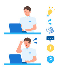 Working man. Concept for Problem Solving. Man cartoon character. People face profiles avatars and icons. Close up image of PC man.