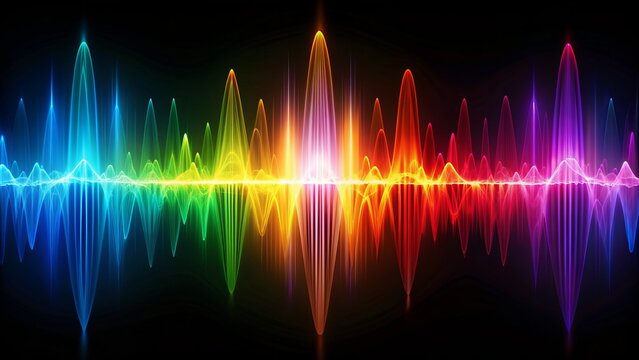 Vibrant colorful sound waves visualized as oscillating patterns on a dark background, illustrating the dynamic energy and vibrations of frequency in a mesmerizing display.