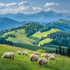 Obraz premium Herd of sheep on beautiful mountain meadow. GrywaÅ‚d, Pieniny, Poland. Picturesque landscape background on mountainous terrain