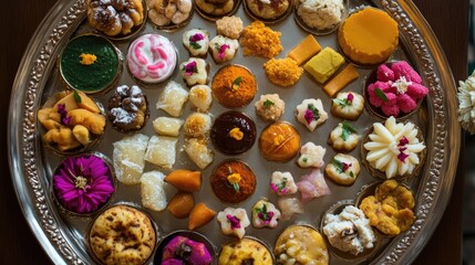 A beautifully arranged thali of Indian sweets, showcasing the diversity and richness of flavors, with vibrant colors that enhance the feeling of satisfaction after eating.