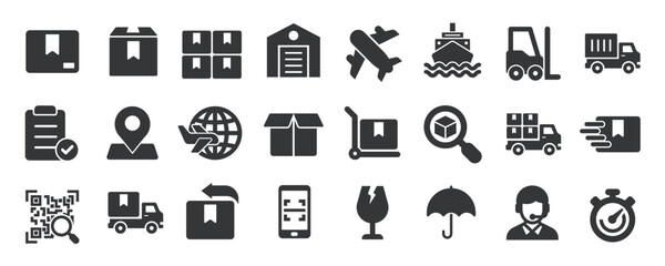 Logistic glyph solid icons collection. Containing content delivery, shipping, cargo, distribution. Minimal icon and symbol series vector illustration