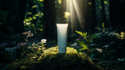Mockup of a white cosmetic tube on a natural dark green moss stone, the sun shines on the tube through the leaves, a lot of wild flowers on background, dark green background