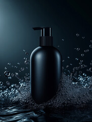 Mockup of a black shaped shampoo high end product advertisement, luxury, bubbles and foam, dark blue background