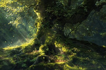 Sunlight filtering through the foliage of a moss-covered ancient tree in a lush forest.
