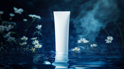 Mockup of a white shaped cosmetic tube on a top of block of ice and surrounded by frozen wild flowers, dark blue background, soft lighting
