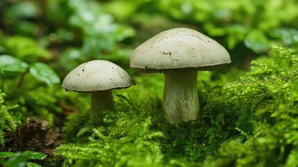 A detailed shot of two mushrooms surrounded by lush green moss, illustrating the delicate balance of nature and the role of fungi in the forest ecosystem.