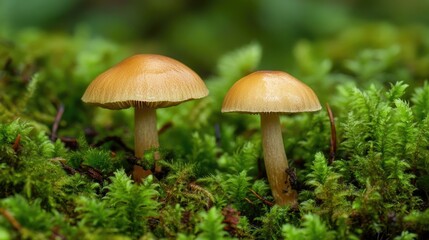 A detailed shot of two mushrooms surrounded by lush green moss, illustrating the delicate balance of nature and the role of fungi in the forest ecosystem.