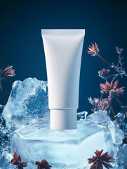 Mockup of a white shaped cosmetic tube on a top of block of ice and surrounded by frozen wild flowers, dark blue background, soft lighting