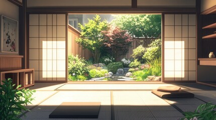 Naklejka premium A Japanese-style room with simple wooden furniture, a tatami mat, and a sliding door opening to a tranquil garden, bathed in calming, natural light.