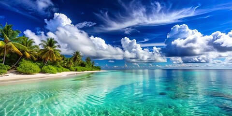 Stunning tropical beach scene with azure sky and crystal clear waters reflecting clouds, beach, tropical, coastline