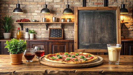 Cozy pizzeria interior featuring a rustic wooden menu board with handwritten specialty pizza options and a chalkboard with daily deals and drink specials.