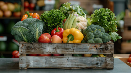 fresh organic vegetables beautifully arranged in a wooden crate at a farmer's market. This minimalist shot, captured with soft natural light, celebrates the essence of wholesome, farm-to-table produce