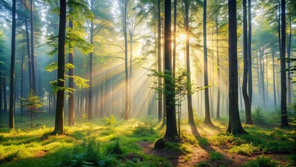 Naklejka premium Misty morning in the forest with soft ethereal light filtering through the trees, nature, fog, serene, tranquil, peaceful, trees