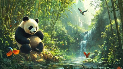 Obraz premium A panda gives birth in a lush bamboo forest, with gentle streams and colorful birds creating a picturesque natural scene.