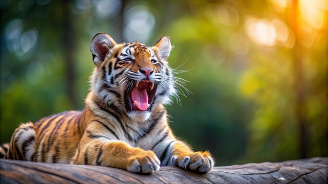 Yawning cute tiger cub alone on blurry nature background, tiger, cub, cute, wild, animal, nature, wildlife, adorable, fluffy