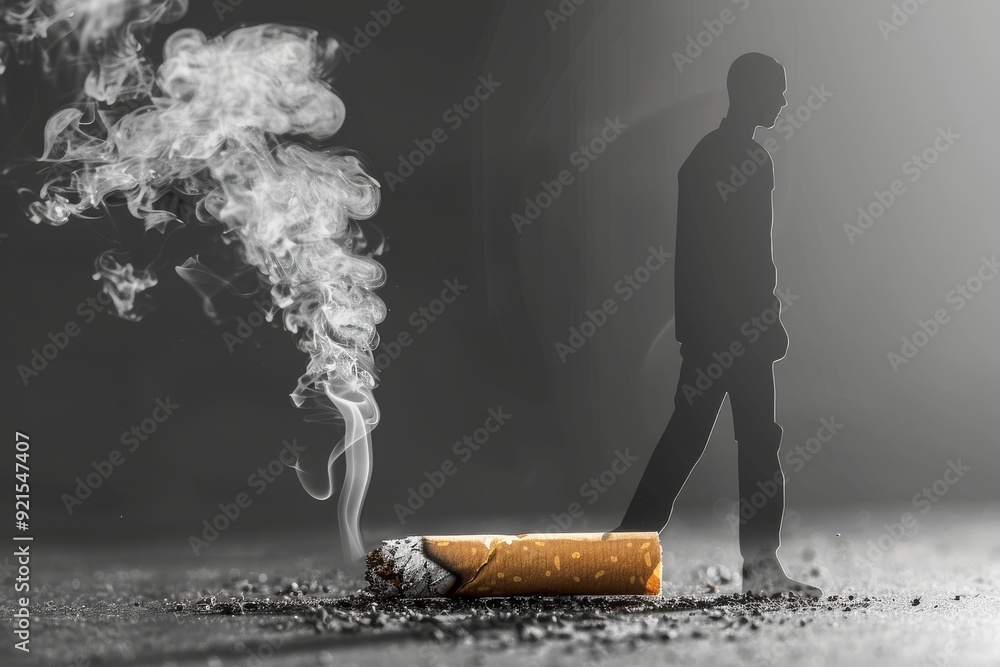 Poster enigmatic smoke patterns envelop a cigarette in a symbolic portrayal of addictions complexity