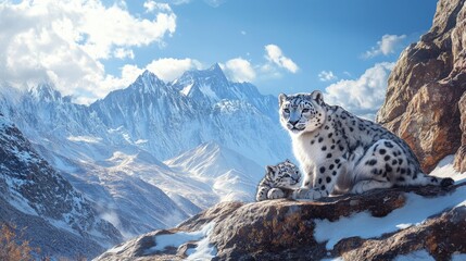 Fototapeta premium A snow leopard gives birth on a remote, snowy mountainside, with jagged peaks and a brilliant blue sky creating a breathtaking backdrop.