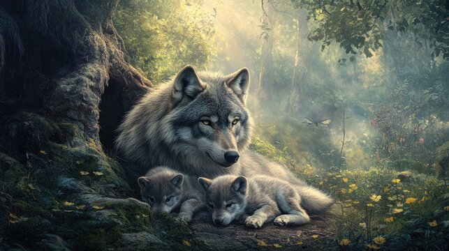 A wolf gives birth to her pups in a hidden den within a tranquil forest, with the morning mist gently lifting.