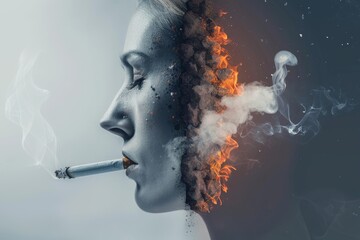 Fototapeta premium Woman exhaling a cloud of smoke that morphs into a skull a haunting representation of smokings dangers