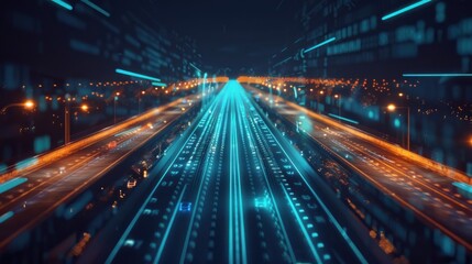 Fototapeta premium Digital Highway: A Futuristic Nighttime Road