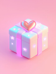 A cute and simple gift icon, with pastel colors, a heart-shaped ribbon on the top, and glowing stars inside the box. The background is a pink gradient