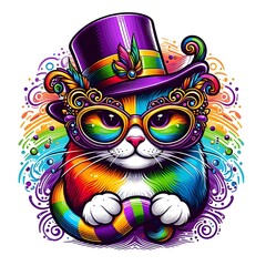 Rainbow Cat in Top Hat and Glasses
