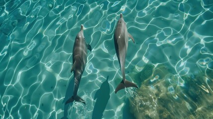 Fototapeta premium A pair of dolphins swimming in sync in the crystal-clear sea