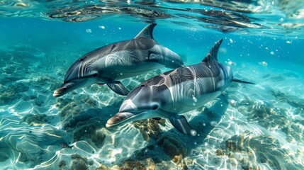 Fototapeta premium A pair of dolphins swimming in sync in the crystal-clear sea