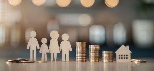 A pile of coins and wooden figures of a family by AI generated image