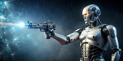 Naklejka premium Human-like robot holding gun and aiming at enemy , robot, human, gun, aiming, enemy, threat, artificial intelligence, technology