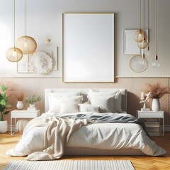Modern Bedroom Interior Design with White Bed, Blank Canvas, and Stylish Lamps