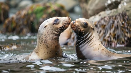 Fototapeta premium A pair of sea lions playing in the water near a rocky shore