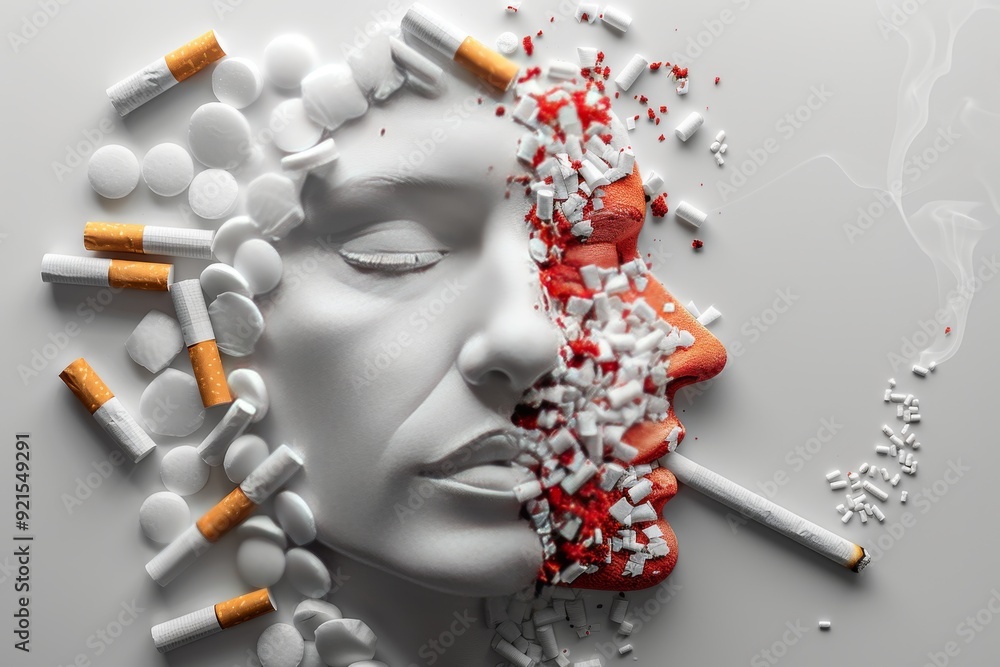 Poster artistic image of a face disintegrating with cigarette butts portraying the destructive impact of sm