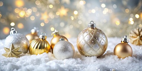 Golden and silver Christmas ornaments on snow background, Christmas, ornaments, golden, silver, balls, snow, holiday, festive