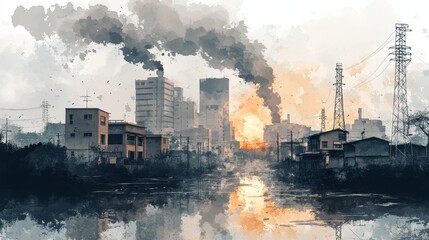 Fototapeta premium Urban area with regulated waste disposal, clean streets, pollution control, watercolor style