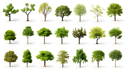 Fototapeta premium Set of green trees isolated on white background.