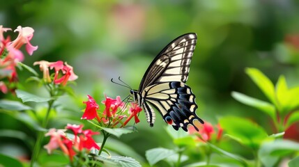 Fototapeta premium Closeup butterfly sucking nectar from beautiful color flowers