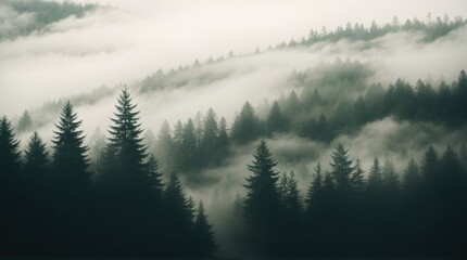 Enigmatic fog envelops the lush evergreen forest, imparting a mystical aura 