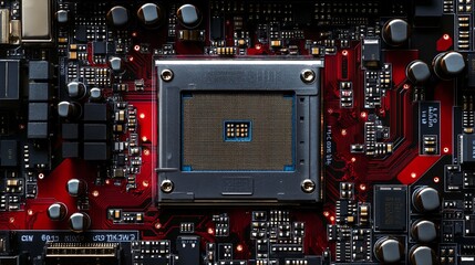 Detailed shot of a CPU chip with AI processing units mounted on a motherboard
