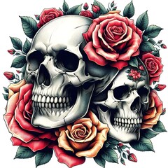 Two Skulls Surrounded by Roses