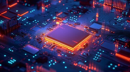 Zoomed-in image of a semiconductor chip with AI technology surrounded by circuitry